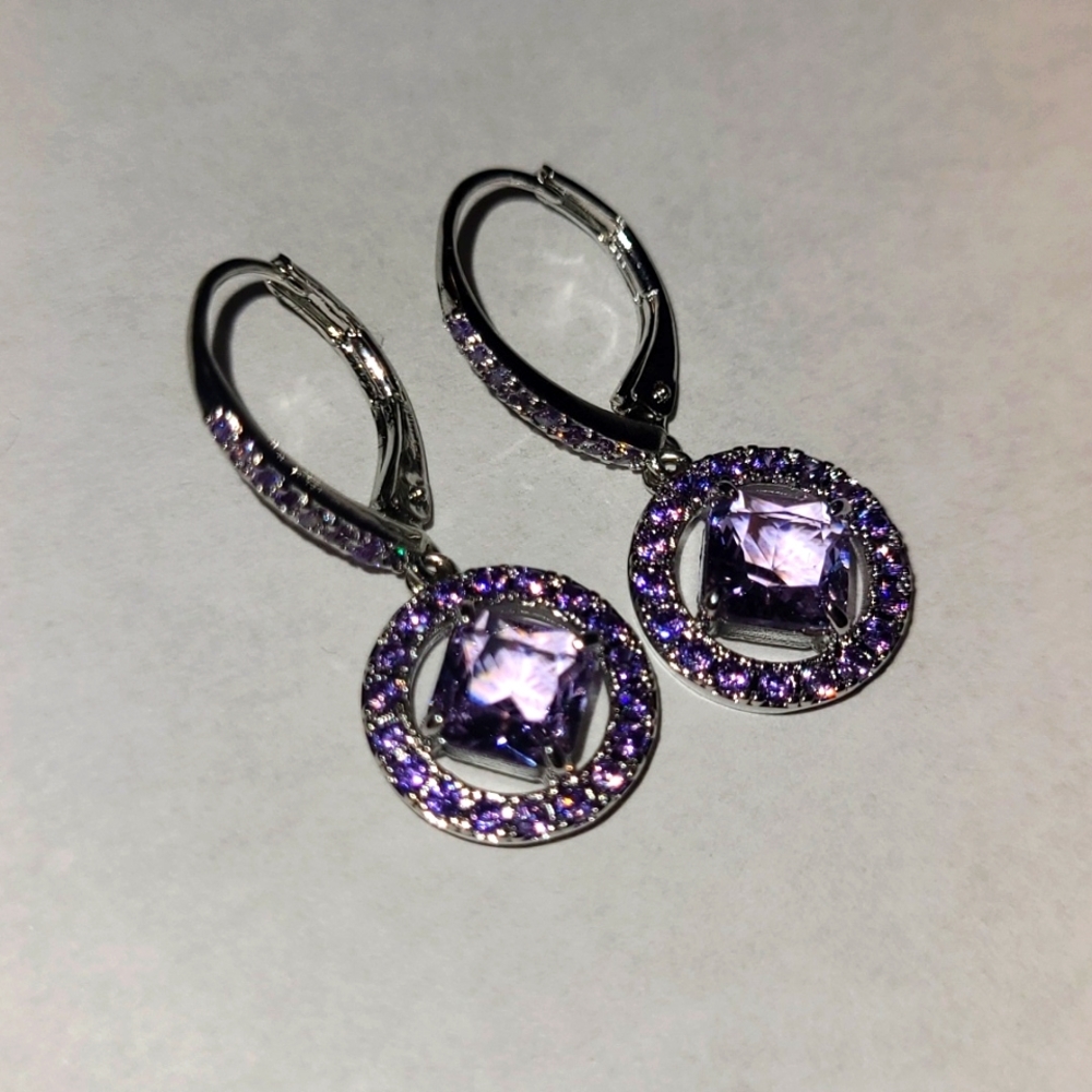 NWOT Never Worn Lobster Claw Drop Earrings Lab Created Amethyst on Rhodium - Picture 1 of 2